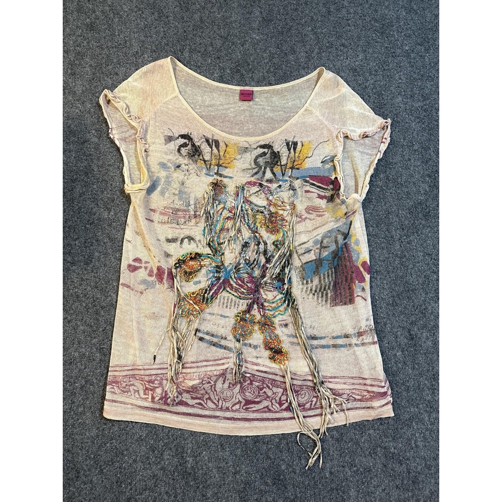 Save The Queen Shirt Womens Large Multicolor Sheer Scoop Fringe Graphic Italy